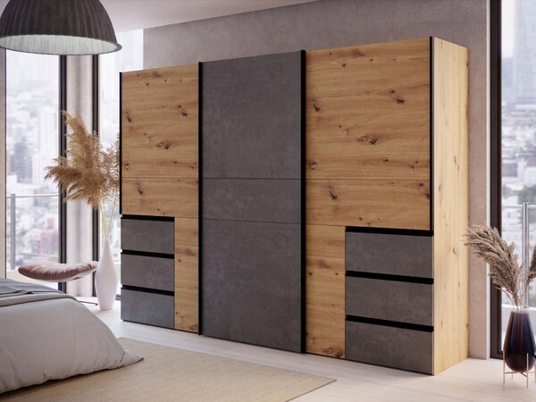 ŠAT. SKRIŇA S POSUV. DVERAMI, tmavosivá, dub artisan, 270/200/61 cm Carryhome - Skrine, Online Only