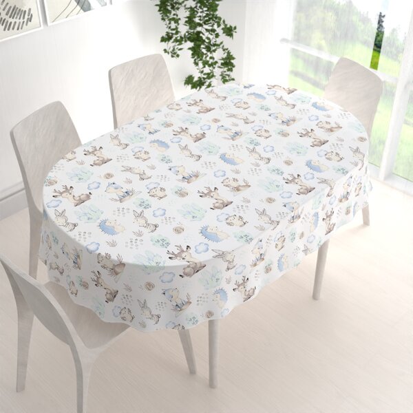 Biante Detský bavlnený oválny obrus Sandra SA-478 Lesné zvieratká v čučoriedkach na bielom 50x100 cm