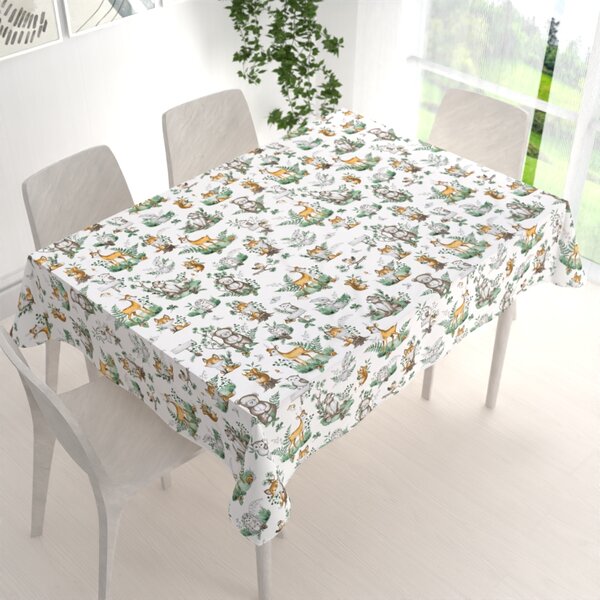 Biante Detský bavlnený obdĺžnikový obrus Sandra SA-459 Lesné zvieratká na bielom 50x100 cm