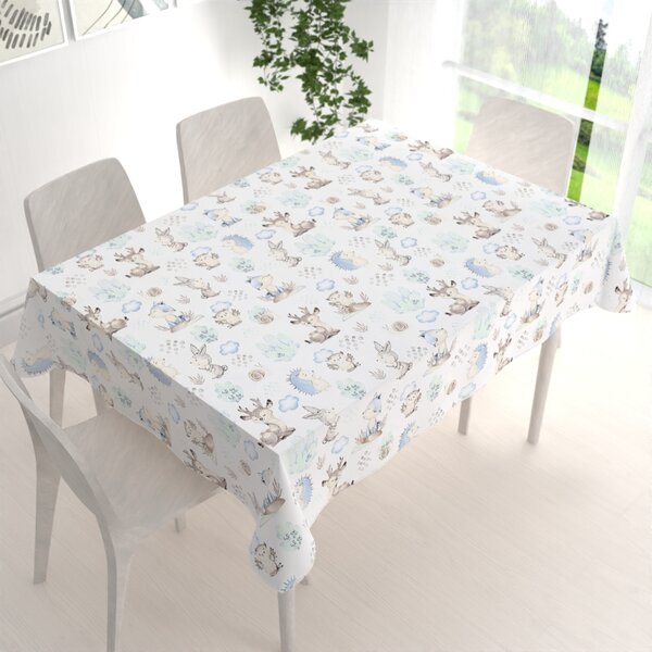 Biante Detský bavlnený obdĺžnikový obrus Sandra SA-478 Lesné zvieratká v čučoriedkach na bielom 50x100 cm