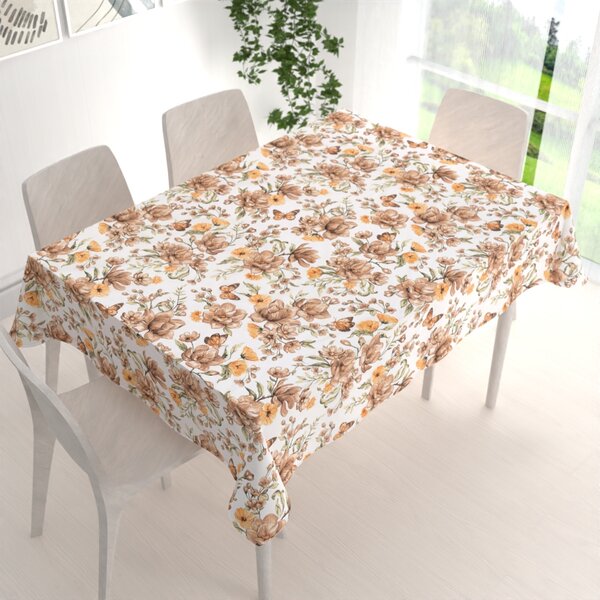 Biante Bavlnený obdĺžnikový obrus Sandra SA-458 Hnedé kvety magnólie s motýlikmi na bielom 50x100 cm