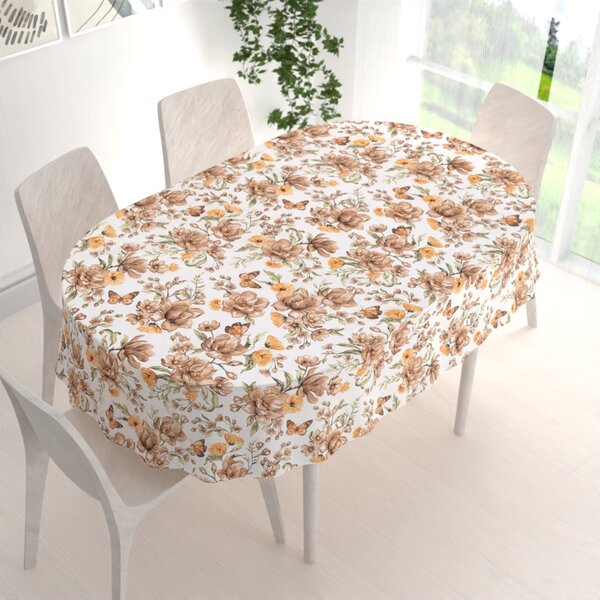 Biante Bavlnený oválny obrus Sandra SA-458 Hnedé kvety magnólie s motýlikmi na bielom 50x100 cm