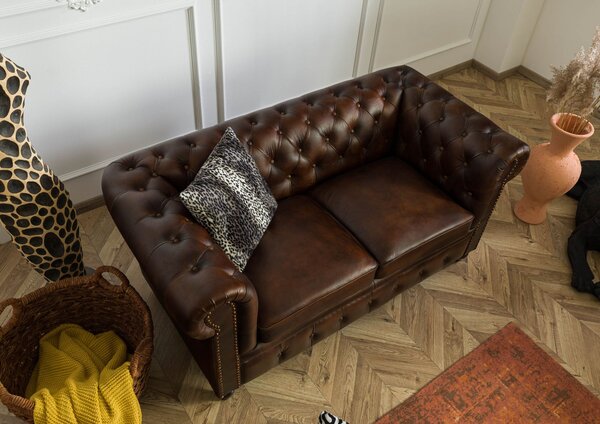 CAMBRIDGE Pohovka 2-miestna Chesterfield pravá, koža, 158x82x76 hnedá
