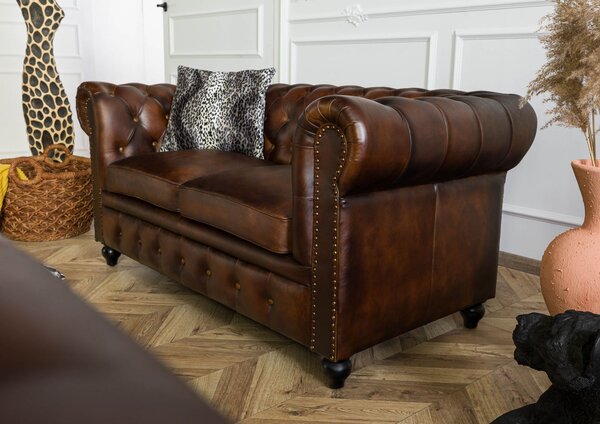 CAMBRIDGE Pohovka 2-miestna Chesterfield pravá, koža, 158x82x76 hnedá