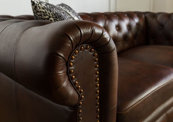 CAMBRIDGE Pohovka 2-miestna Chesterfield pravá, koža, 158x82x76 hnedá