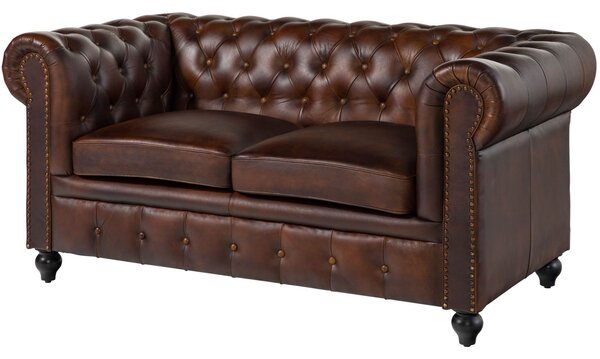 CAMBRIDGE Pohovka 2-miestna Chesterfield pravá, koža, 158x82x76 hnedá