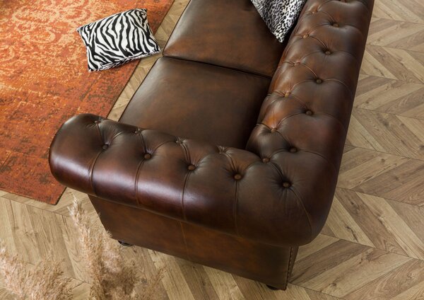 CAMBRIDGE Pohovka 2-miestna Chesterfield pravá, koža, 158x82x76 hnedá