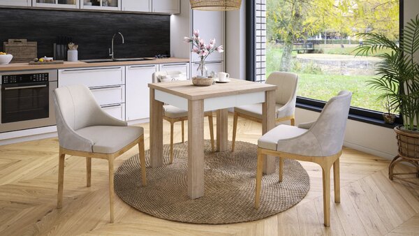 FONTE Dub Sonoma / Biely Mat - KLASICKÝ STÔL DO KUCHYNE/OBÝVACEJ IZBY 85x75 ROZKLADANÝ DO 130 cm!