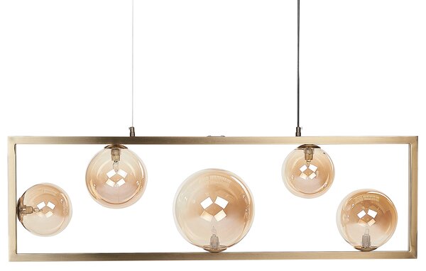 Závesná lampa s 5 tienidlami mosadzný kovový obdĺžnikový rám elegantný industriálny štýl obývacia izba jedáleň