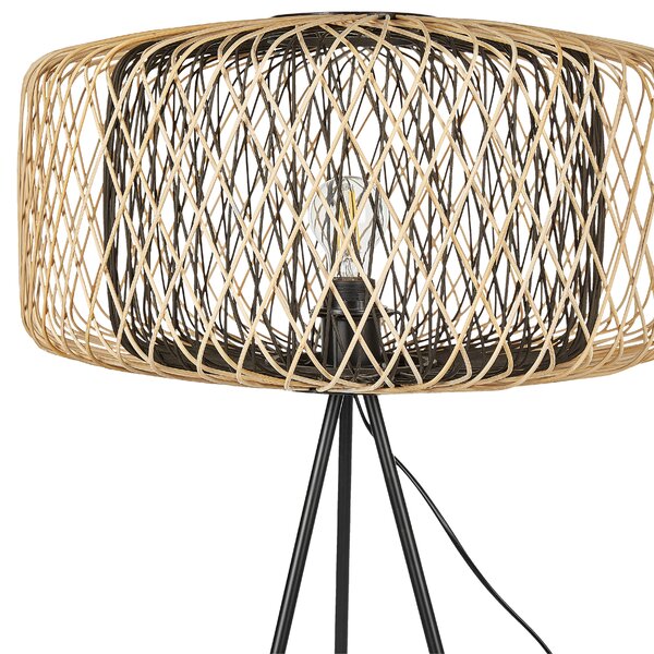 Stojaca lampa prírodná farba čierna tienidlo z bambusového dreva kovový stojan boho svietidlo obývacia izba