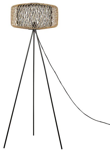 Stojaca lampa prírodná farba čierna tienidlo z bambusového dreva kovový stojan boho svietidlo obývacia izba