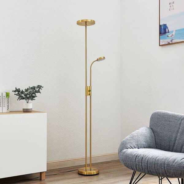 Lindby LED stojacia lampa Seppa, okrúhla, mosadz, kov, 180 cm, Mosadz / zlato, Obývacia izba / jedáleň, kov, Moderný, Zemné bodové svetlo