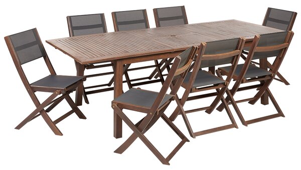 Záhradná jedálenská súprava tmavé akáciové drevo PVC látkové sedadlá stôl 8 skladacích stoličiek 9 dielna sada nábytku