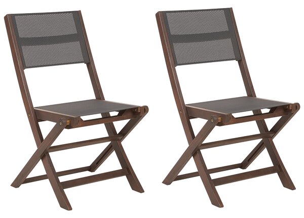 Súprava 2 záhradných stoličiek tmavé akáciové drevo PVC látkové sedadlo skladacie stoličky klasický dizajn
