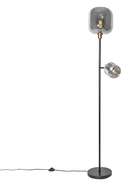 Stojaca lampa čierna so zlatom s dymovým sklom 2-svetlo - Zuzanna