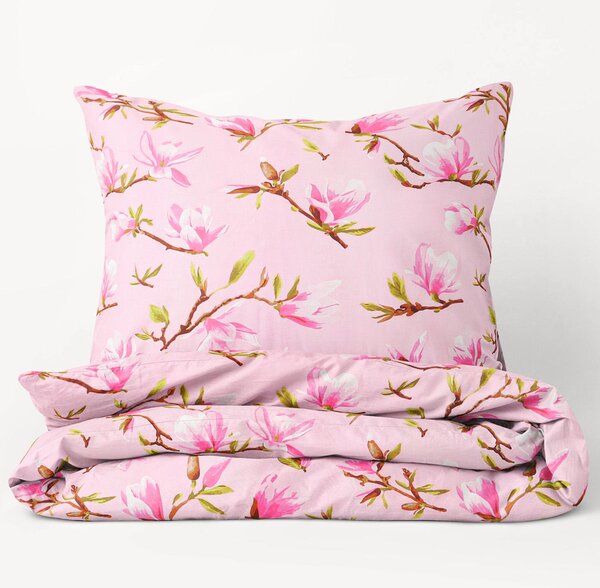 Goldea bavlnené posteľné obliečky - ružové magnólie 140 x 200 a 70 x 90 cm