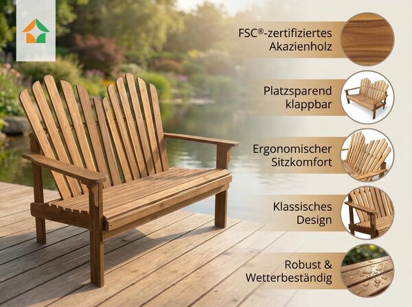 Dvojmiestna záhradná lavička Adirondack z akátového dreva, cca 125 x 80 x 94 cm – hnedá