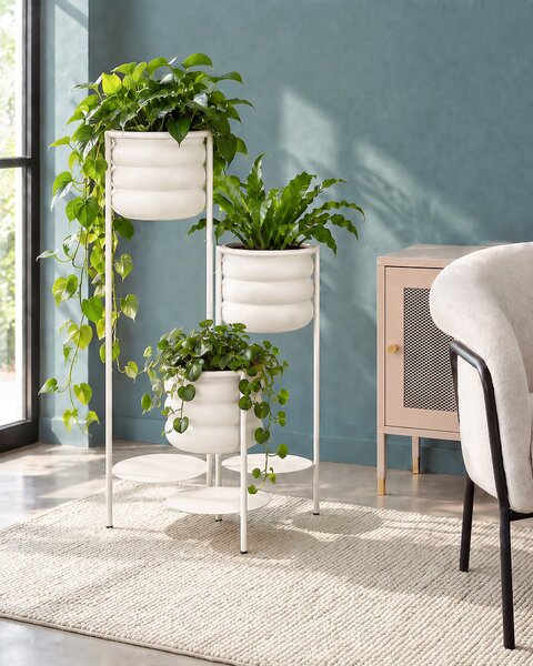 Stojan na rastliny pastelová ružová železo 20 x 20 x 78 cm držiak na 3 rastliny kvetináče glamour štýl obývacia izba interiér