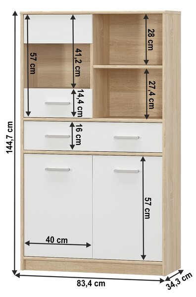 KONDELA Vitrína 2D1W1S/80, biela/dub sonoma, TEYO