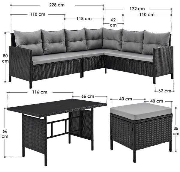 Záhradný ratanový set Manacor - čierny/sivé podušky