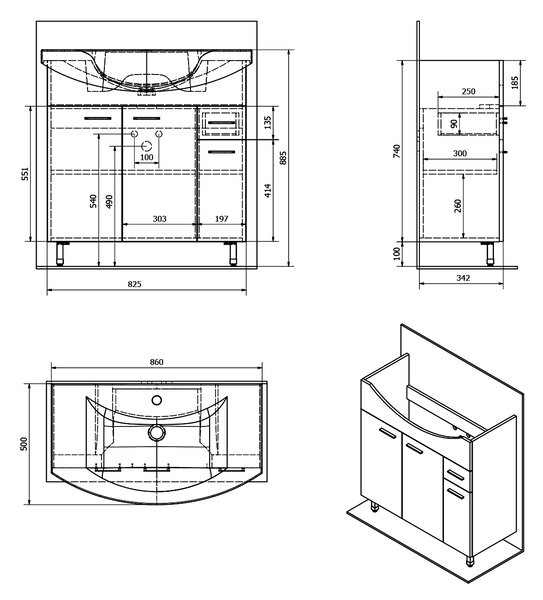 Aqualine Aqualine, ZOJA umývadlová skrinka 82,8x74x34,3cm, biela, 51083A