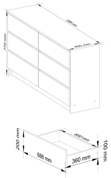 Ak furniture Komoda Kuba 140 cm 6 zásuviek biela/grafitová