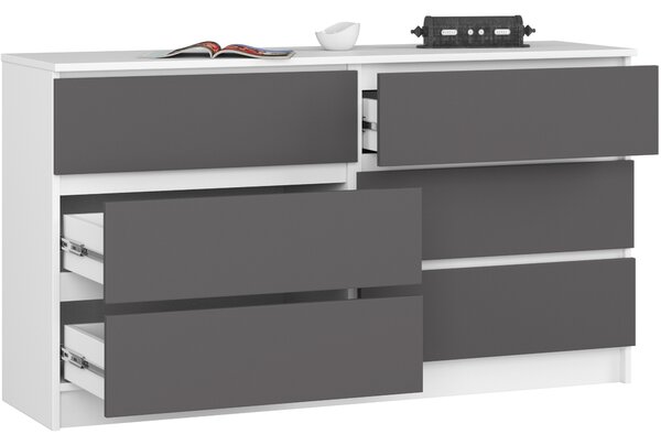 Ak furniture Komoda Kuba 140 cm 6 zásuviek biela/grafitová