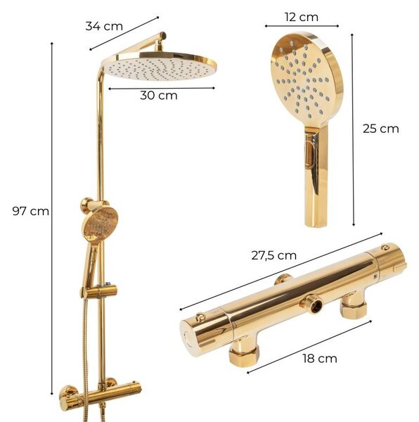 Erga Dubaj, termostatický set sprchového stĺpu s dažďovou sprchou 30cm a s sprchovou hlavicou, zlatá lesklá, ERG-YKA-BP.DUBAJ-THERM-30-GLD