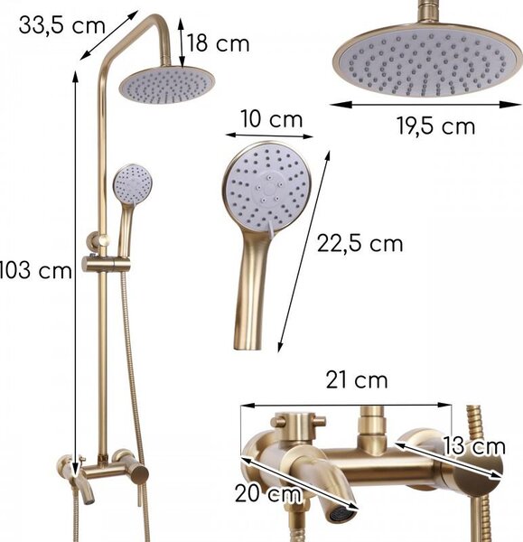 Erga Mutabi, set sprchového/vaňového stĺpu s dažďovou sprchou a sprchovou hlavicou, 3 funkcie, brúsená zlatá, ERG-YKA-BP.MUTABI-20-BR-GLD