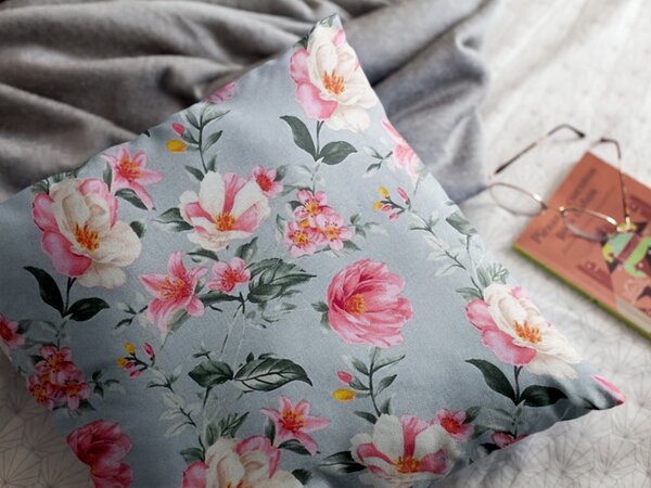 Ervi obliečka na vankúš Bavlnená - Magnolia a ľalia na šedom