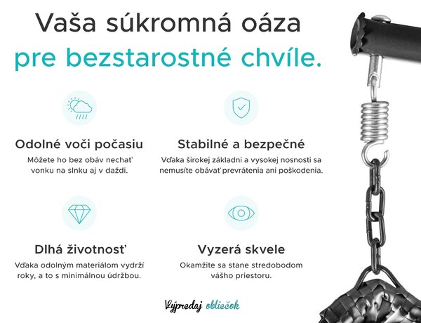 Čierne závesné kreslo KOKON so stojanom, bielo-sivý vankúš