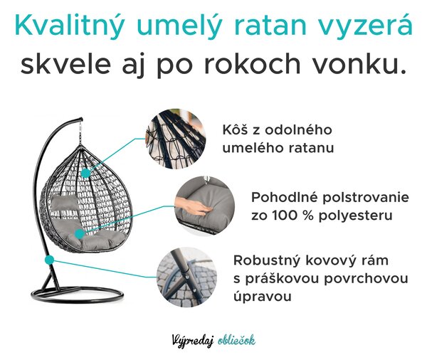 Čierne závesné kreslo KOKON so stojanom, bielo-sivý vankúš