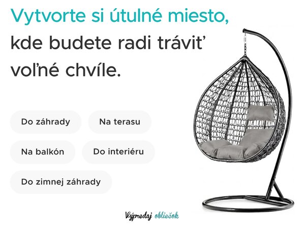 Čierne závesné kreslo KOKON so stojanom, bielo-sivý vankúš