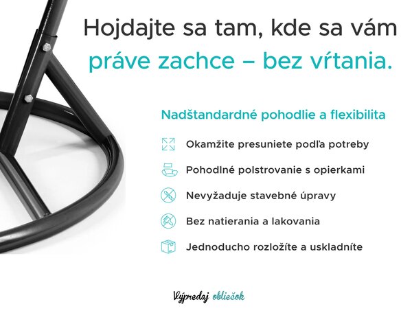 Čierne závesné kreslo KOKON so stojanom, bielo-sivý vankúš