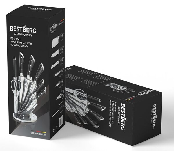 8-dielna súprava nožov s otočným stojanom BestBerg BBK-8SB / čierna/strieborná