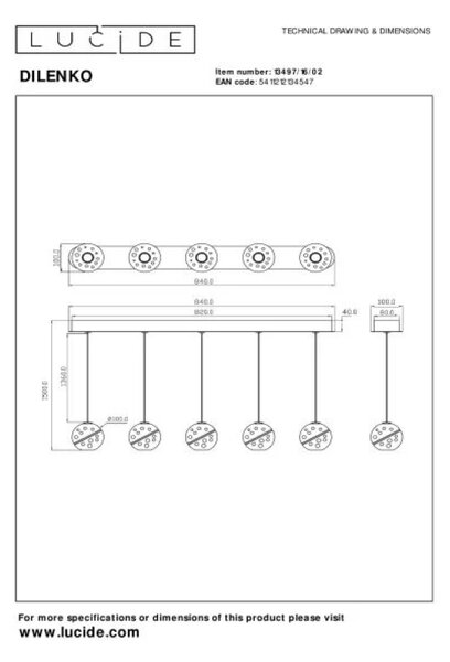 Lucide L134971602 LED závesné stropné svietidlo DILENKO | 5x3,5W integrovaný LED zdroj | 5x140lm | 2700K