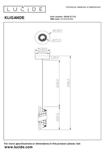 Lucide L134960702 LED závesné stropné svietidlo KLIGANDE | 9W integrovaný LED zdroj | 700lm | 2700K