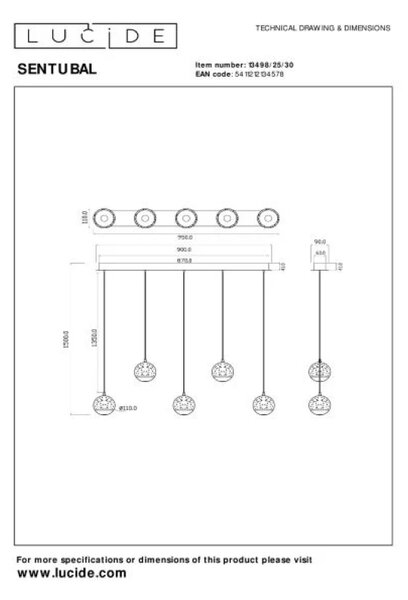 Lucide L134982530 LED závesné stropné svietidlo SENTUBAL | 5x5,3W integrovaný LED zdroj | 5x230lm | 2700K