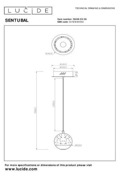 Lucide L134980530 LED závesné stropné svietidlo SENTUBAL | 6,3W integrovaný LED zdroj | 250lm | 2700K