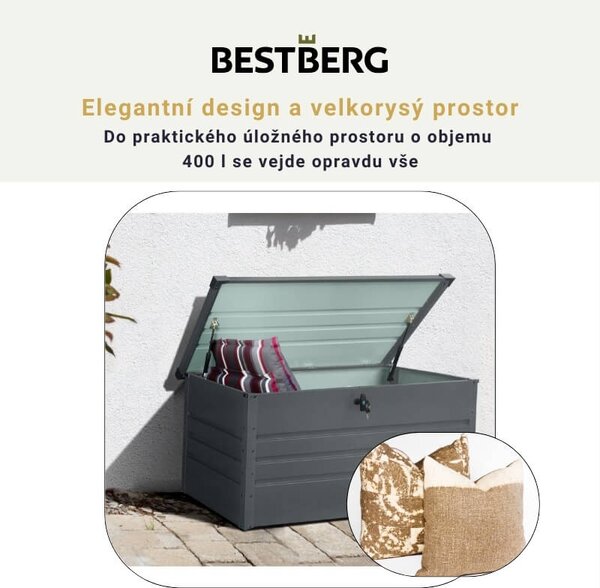 Kovový záhradný úložný box BestBerg ZBK-400A / 400 l / 132 x 62 x 62 cm / šedá
