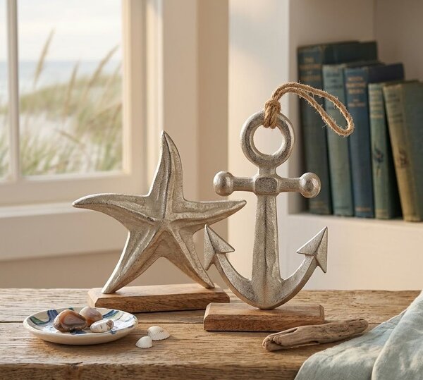 Set 2ks strieborná raw dekorácia hviezda a kotva Sea Decor - 20*5*19 cm - J-Line by Jolipa