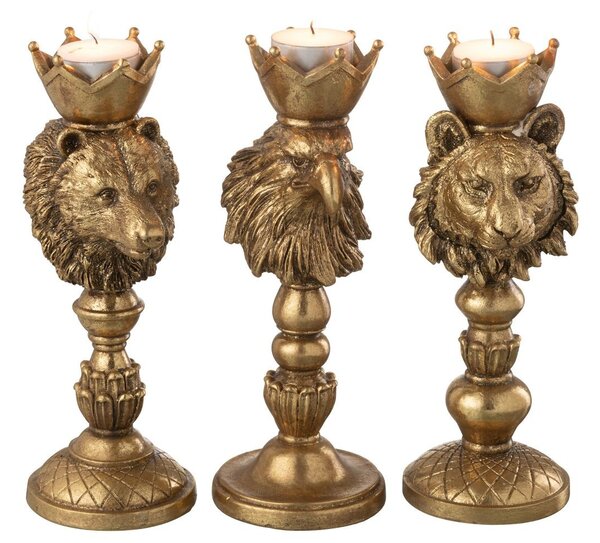 Set 3ks zlatý antik svietnik na podstavci lev medveď a orol s korunou - Ø 10*8*23 cm - J-Line by Jolipa
