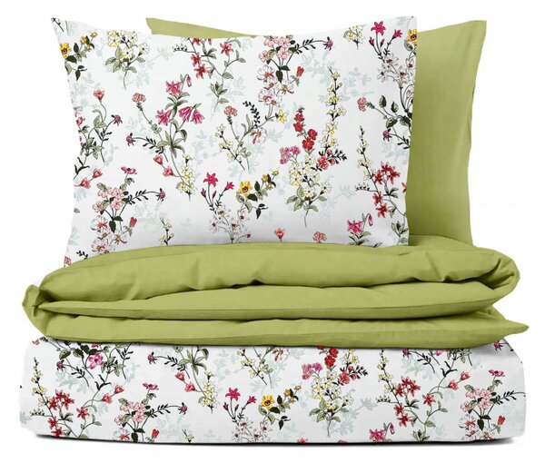 Ervi bavlnené obliečky DUO - maľované lúčne kvety na bielom/zelené