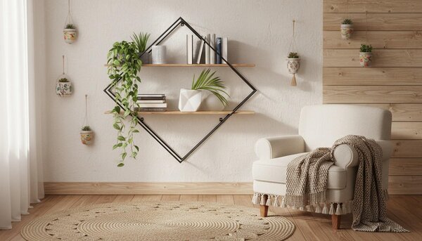 NÁSTENNÝ REGÁL, farba akácie, tmavosivá Ambia Home - Regály