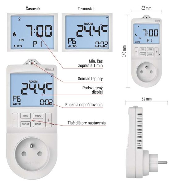 Emos GoSmart termostat do zásuvky s funkciou digitálneho časovača 2v1 s WiFi P56601FR - termostat