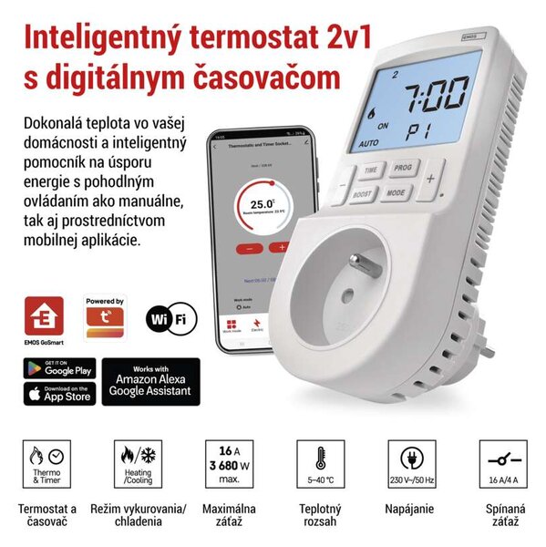 Emos GoSmart termostat do zásuvky s funkciou digitálneho časovača 2v1 s WiFi P56601FR - termostat