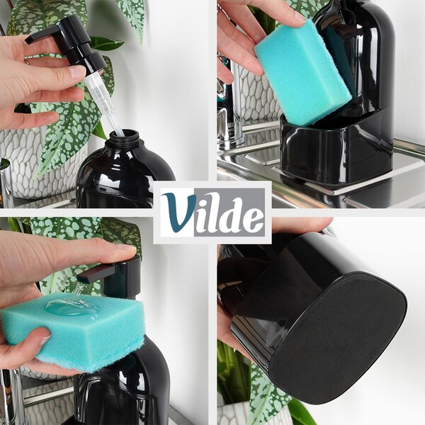 VILDE Dávkovač umývacieho prostriedku s nádobou na hubku, čierny, 500 ml