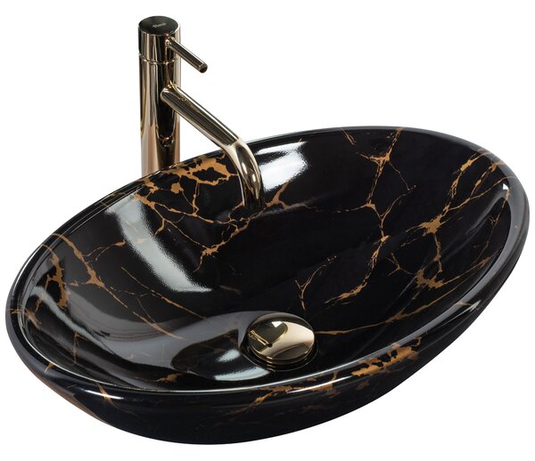 Rea Pamela Black Marble Shiny, umývadlo na dosku 530x330x150 mm, čierna lesklá-vzor black marble, REA-U5067