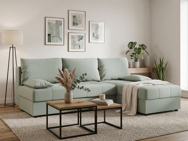 Rozkladacia obojstranná sedacia súprava do L VENORIA SLIM 200x143 cm, svetlozelená + 2 vankúšiky ZDARMA
