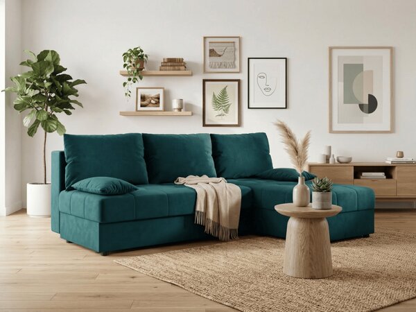 Rozkladacia obojstranná sedacia súprava do L VENORIA SLIM 200x143 cm, petrolejová + 2 vankúšiky ZDARMA
